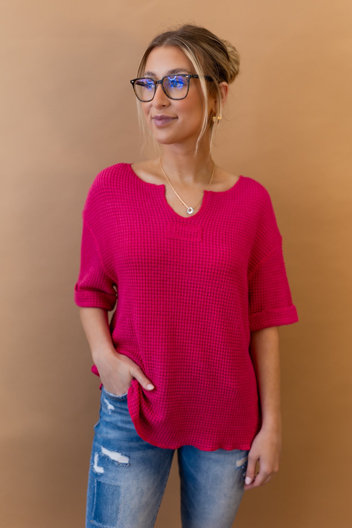 Tanya Waffle Knit Top | Fuchsia