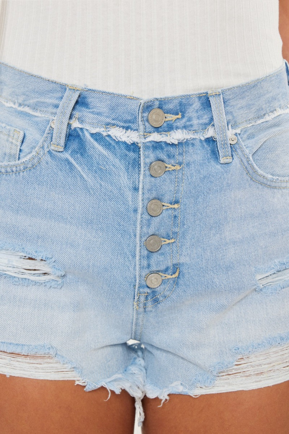 Keri-Ann Distressed Button Fly Denim Shorts | Kancan