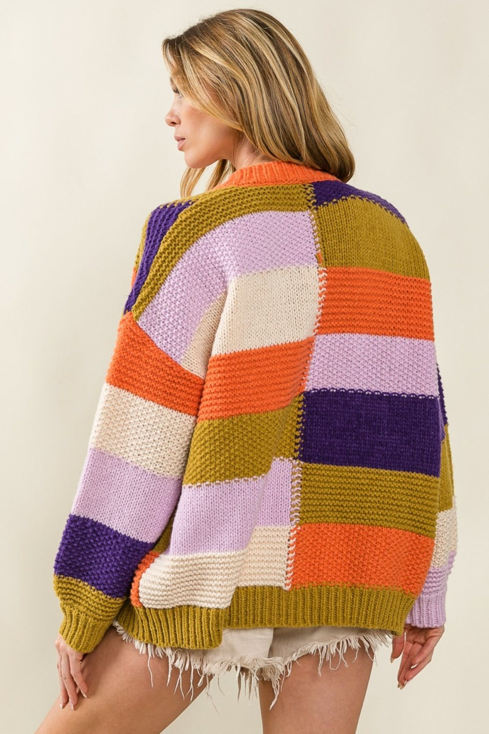 Zoya Checkered Color Block Sweater Cardigan