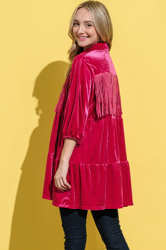 Annabelle Fringe Velvet Shirt Dress