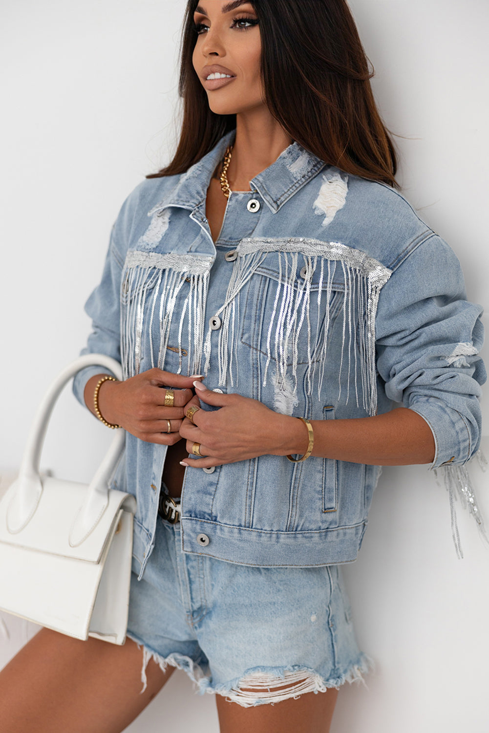 Paige Sequin Fringe Distressed Denim Jacket