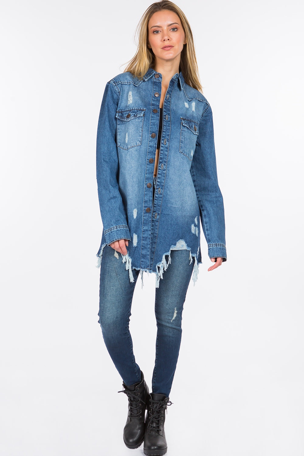 Lilah Distressed Frayed Denim Jacket | American Bazi