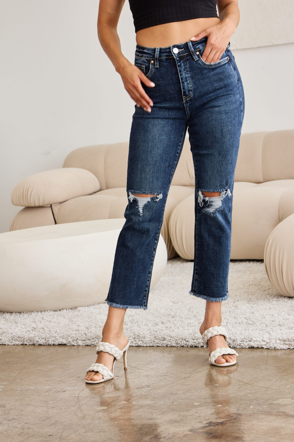 Dylan Tummy Control Distressed High-Waist Cropped Jeans | RFM