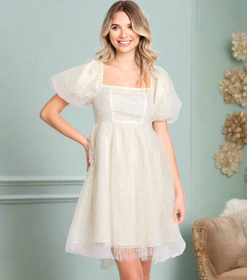 Pearl Mesh Puff Sleeve Babydoll Dress