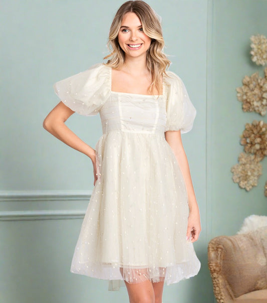 Pearl Mesh Puff Sleeve Babydoll Dress