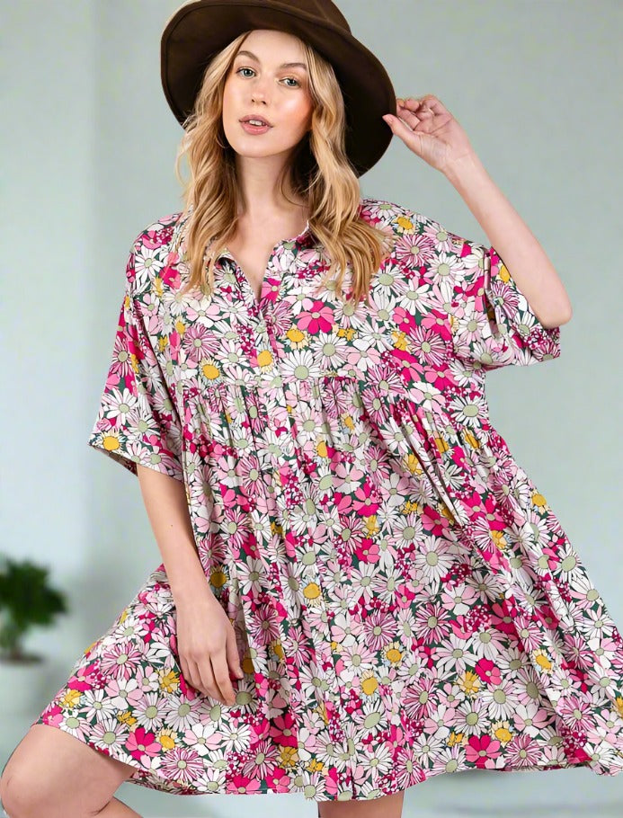 Floral Button Down Mini Shirt Dress