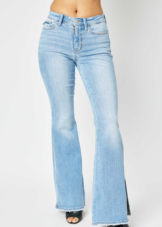 Sara Mid-Rise Raw Hem Slit Flare Jeans | Judy Blue