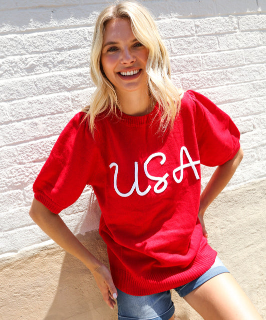 Patriotic USA Embroidered Sweater Top