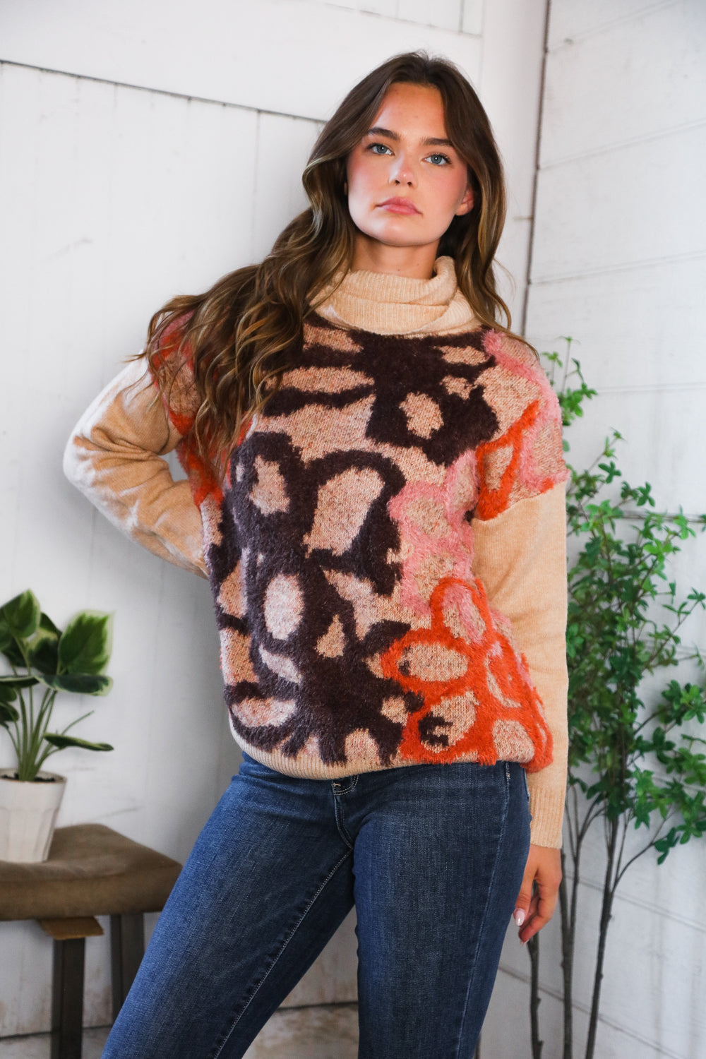 Blooms in Autumn Turtleneck Sweater