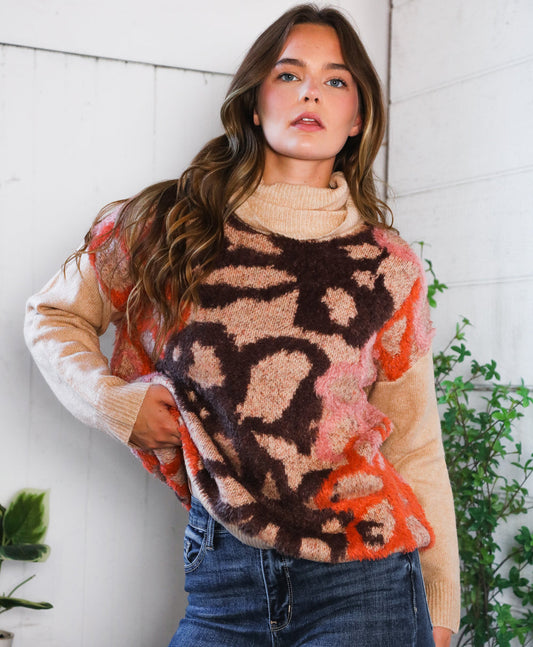 Blooms in Autumn Turtleneck Sweater