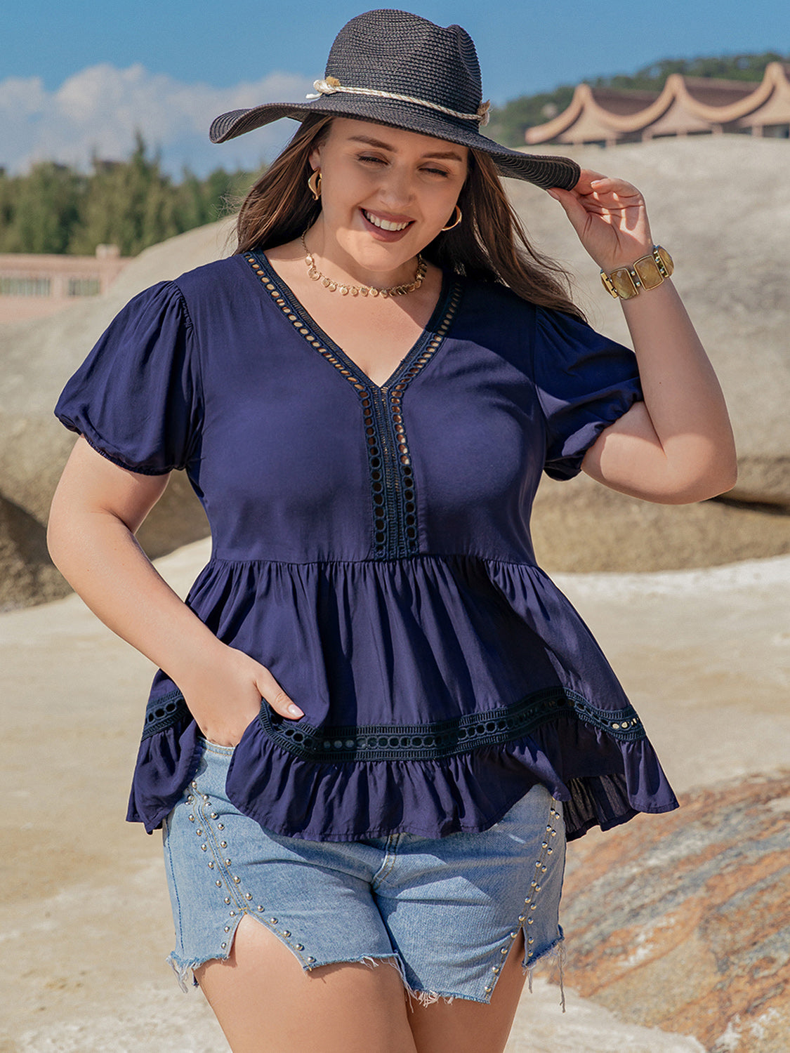 Peplum V-Neck Blouse | Curvy