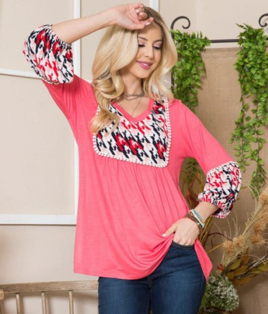 Houndstooth Balloon Sleeve Top