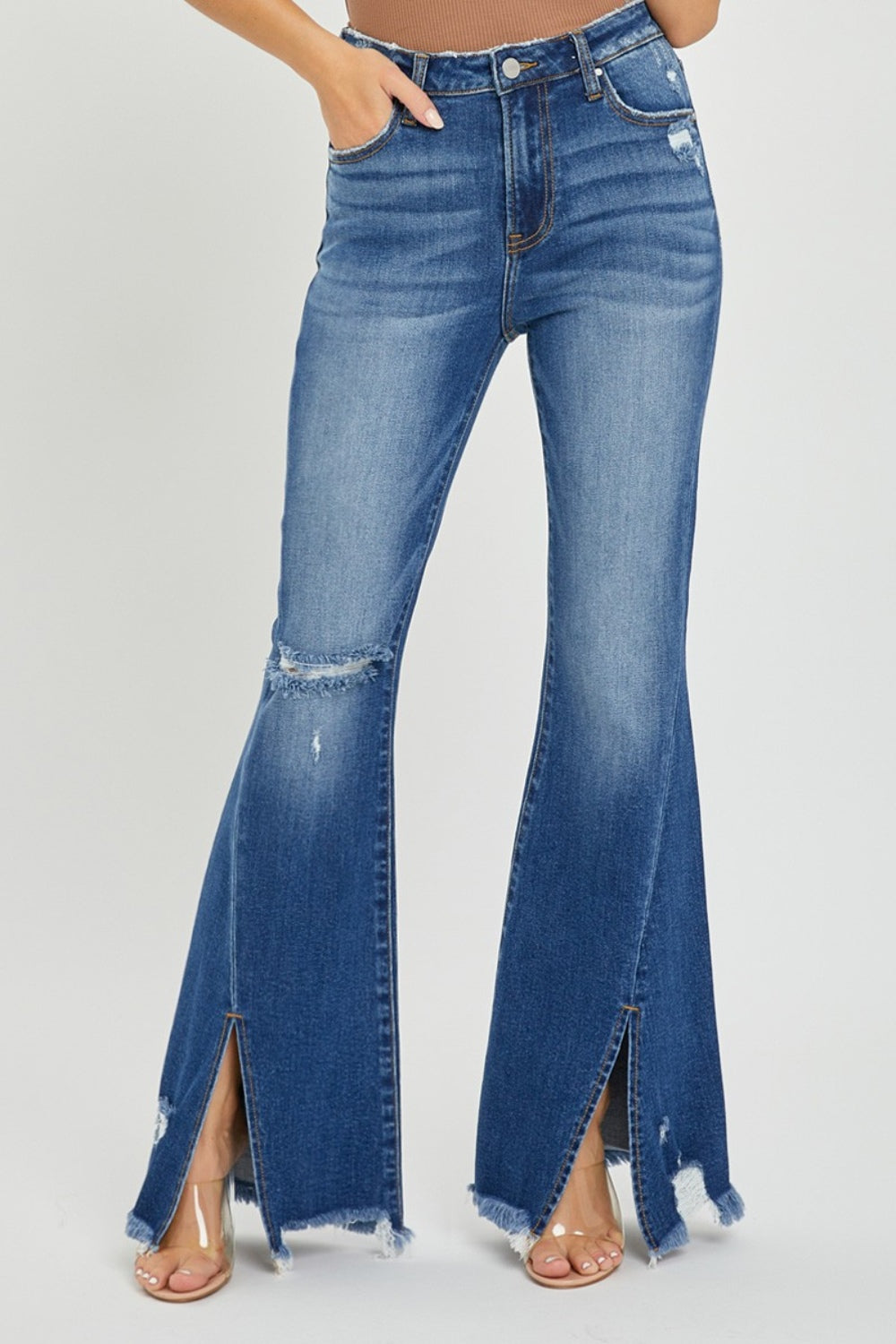 Cassandra High-Rise Front Slit Frayed Flare Jeans | Risen