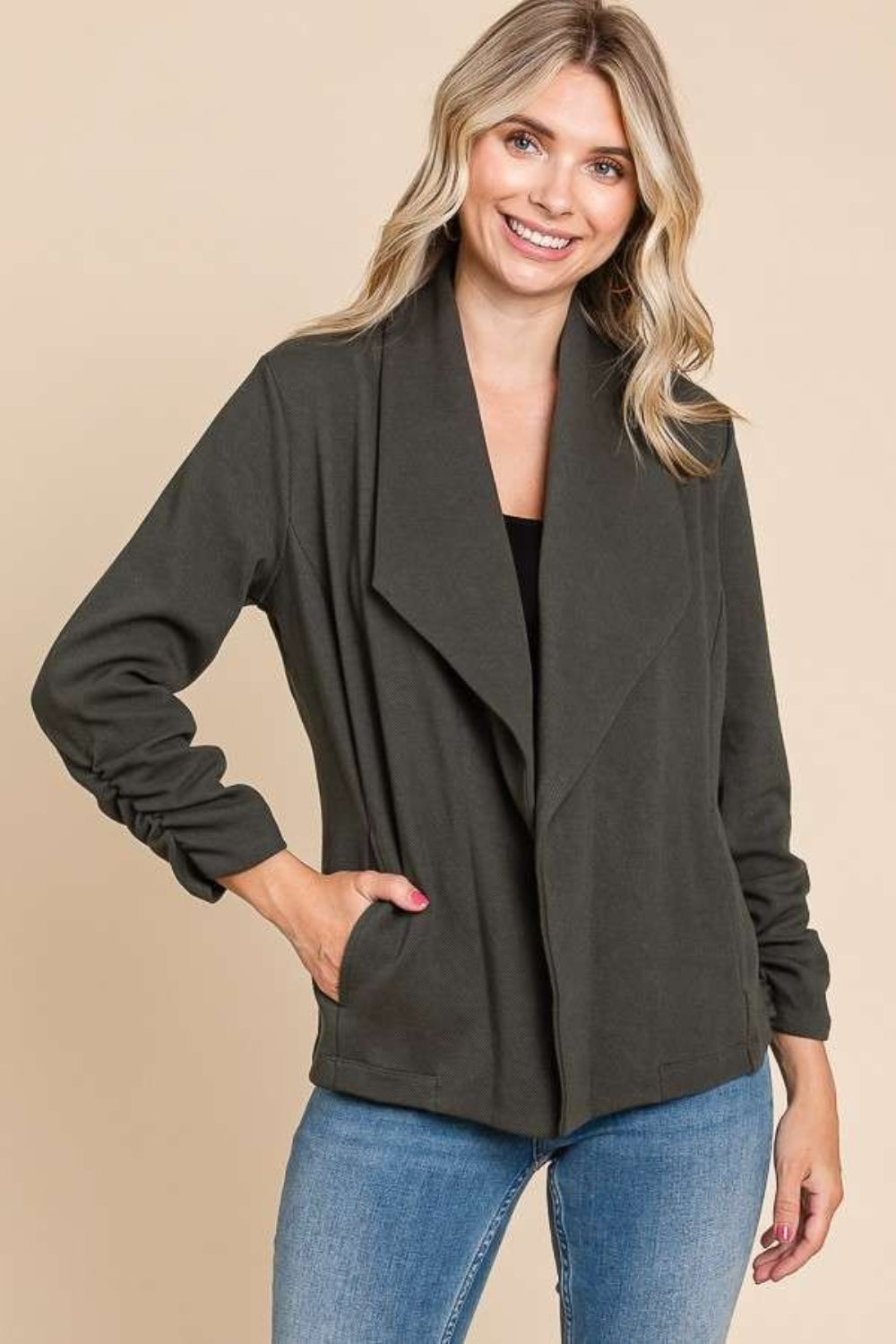 Finley Ruched Open Front Long Sleeve Jacket
