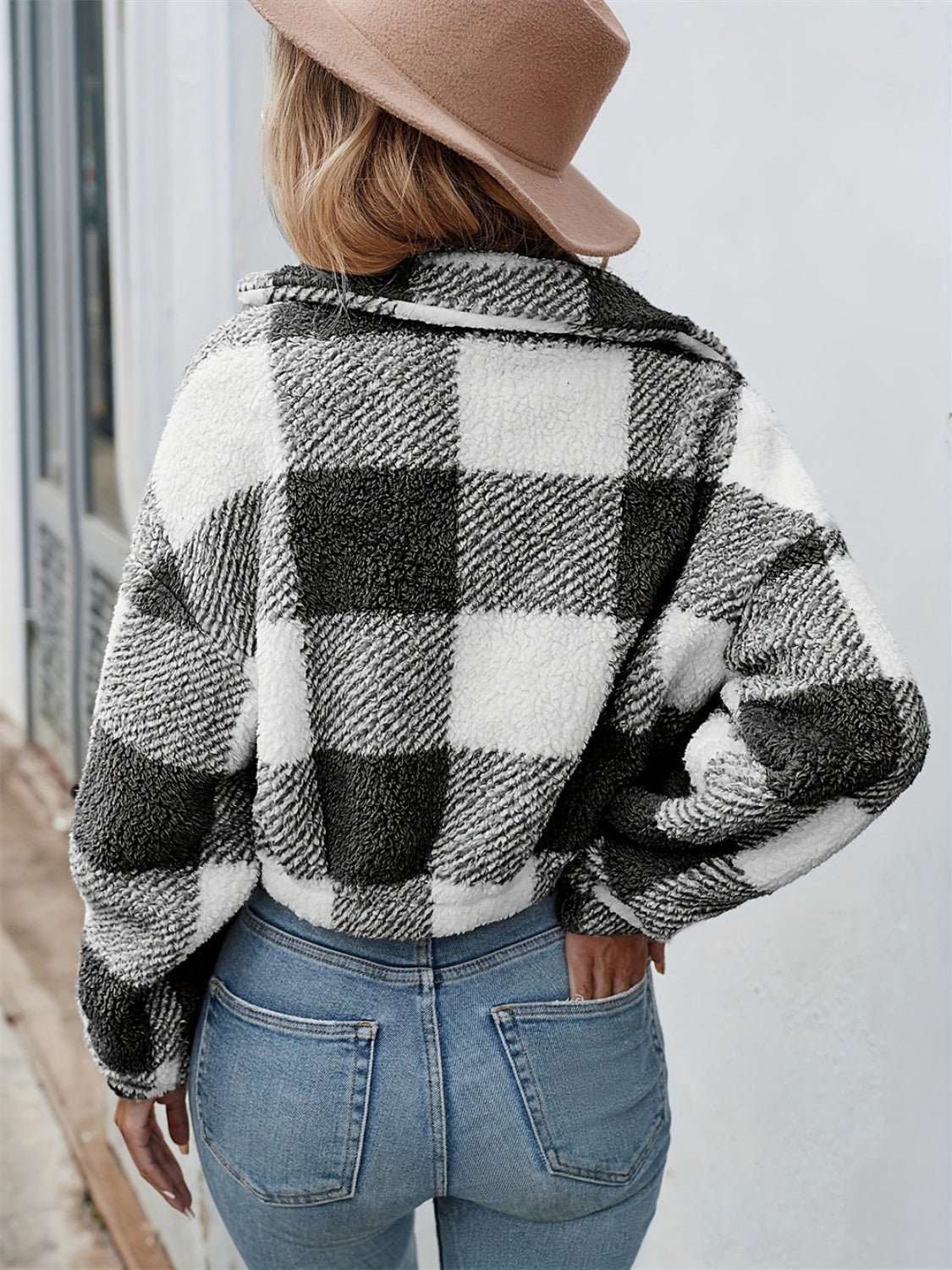 Sky Checkered Zip-Up Cropped Jacket