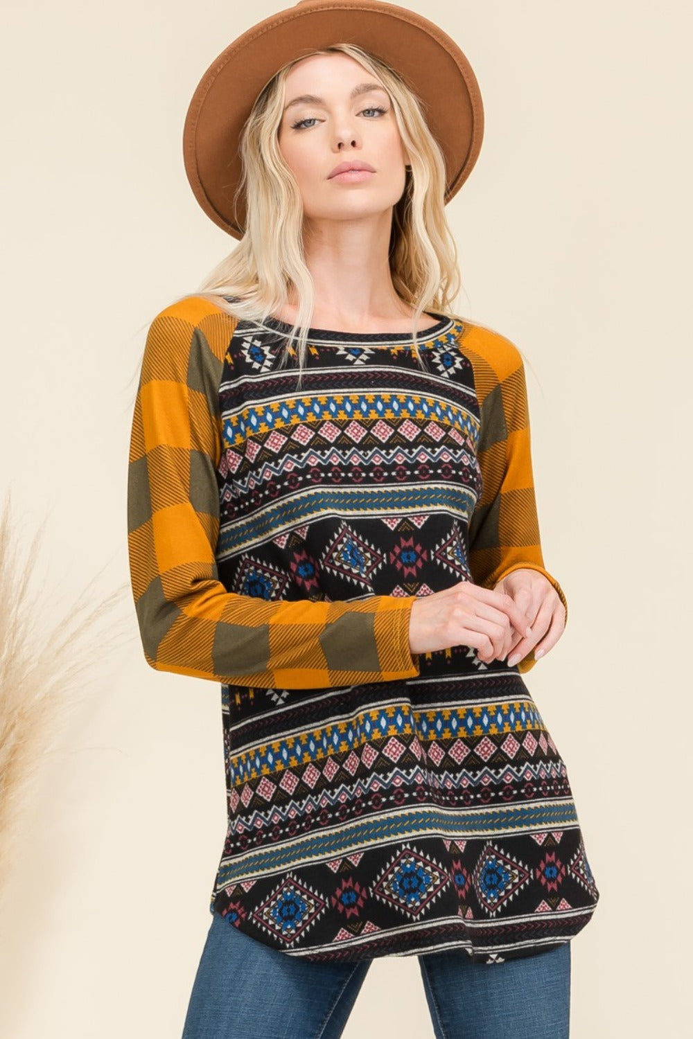 Mustard Aztec Plaid Top