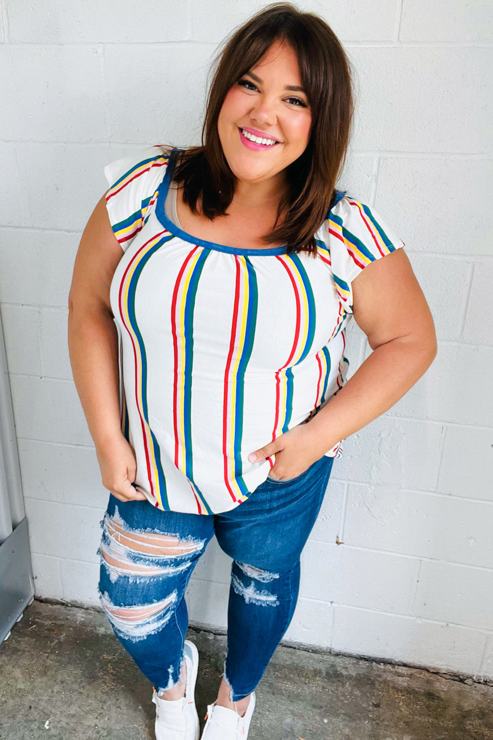 Striped Raglan Flutter Sleeve Top