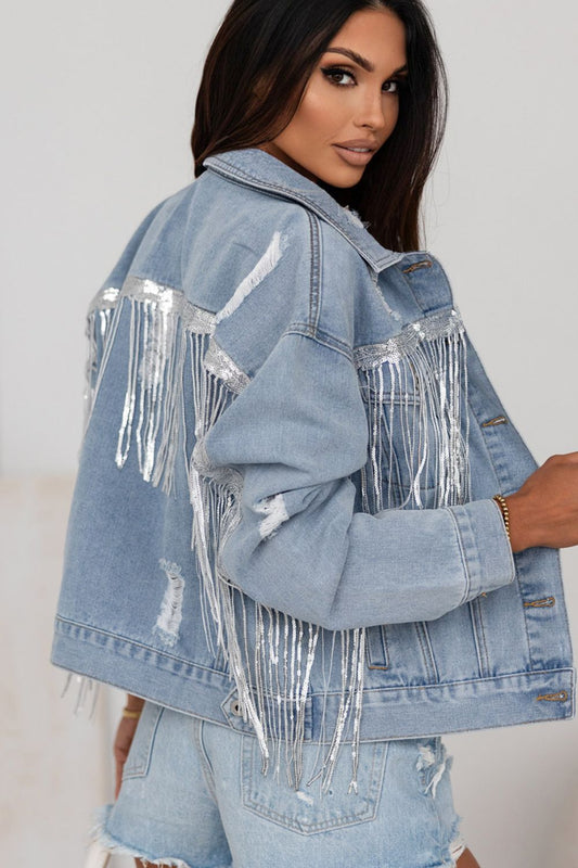 Paige Sequin Fringe Distressed Denim Jacket