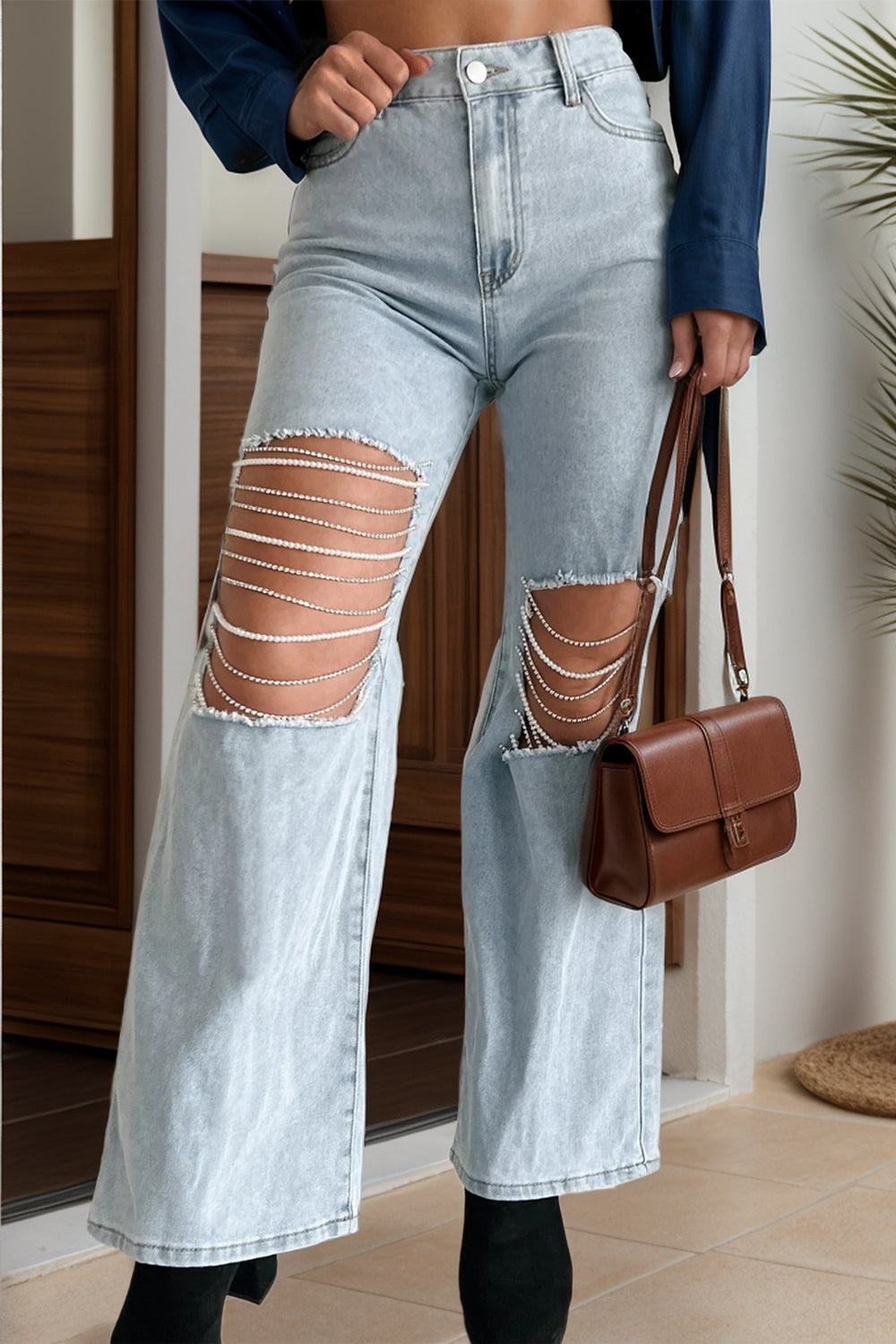 Elaine Distressed Bead Chain Straight Jeans