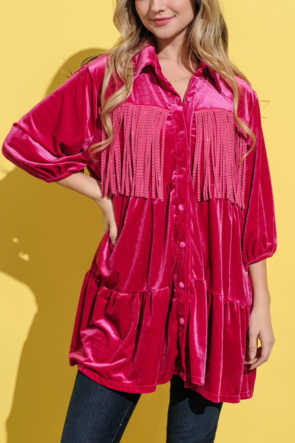 Annabelle Fringe Velvet Shirt Dress