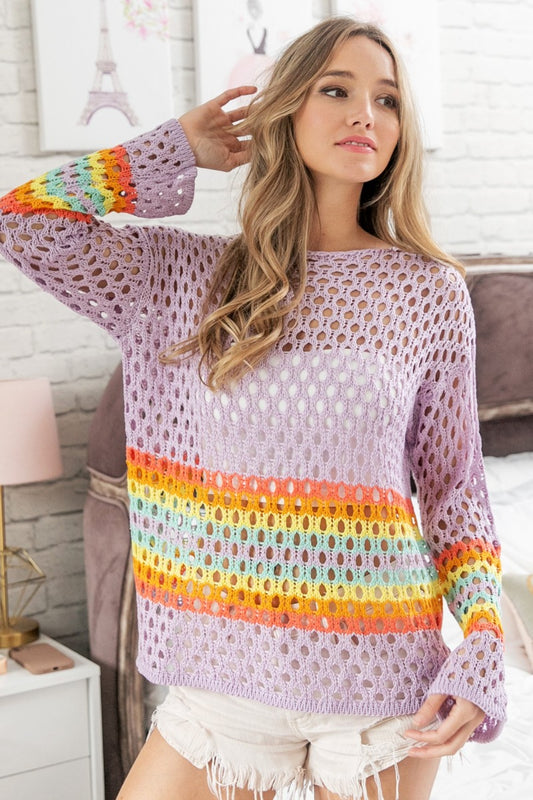 Rainbow Striped Hollow Cover-Up