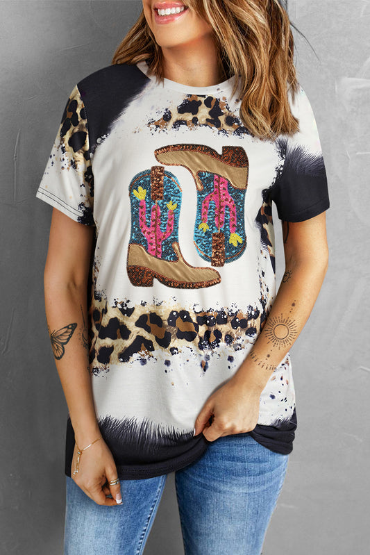 Sequin Boots Leopard Graphic Tee