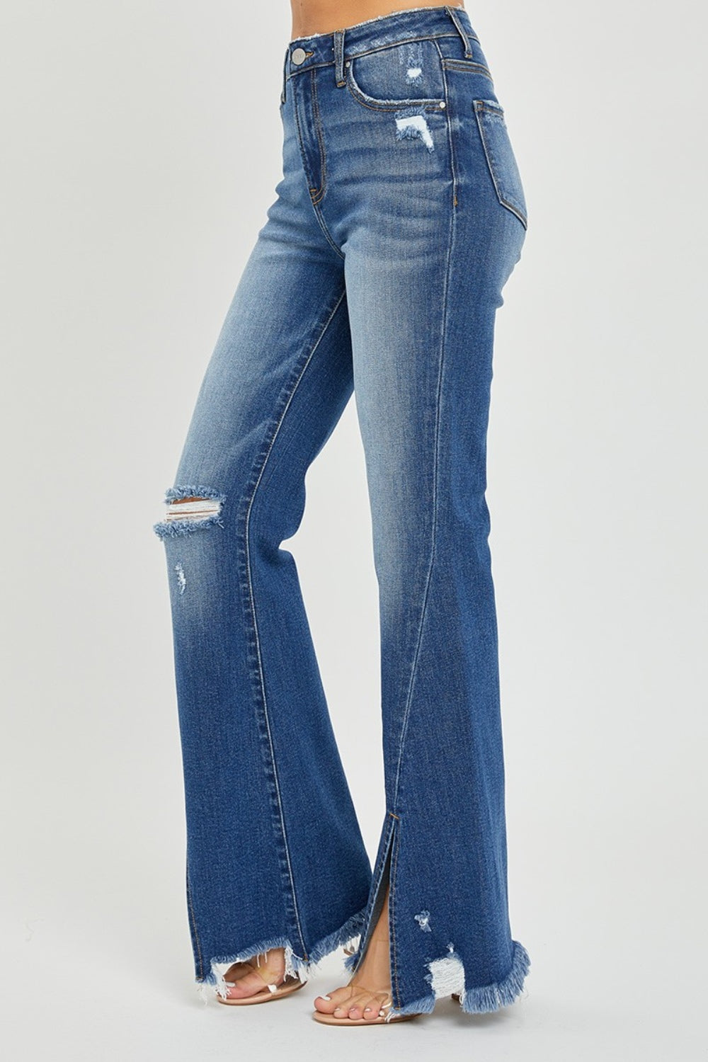 Cassandra High-Rise Front Slit Frayed Flare Jeans | Risen