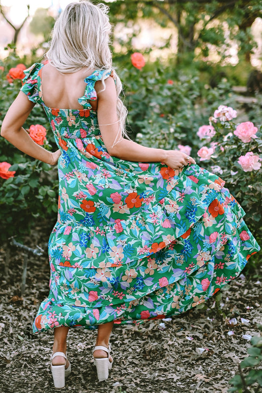 Floral Tiered Ruffle Sleeveless Dress