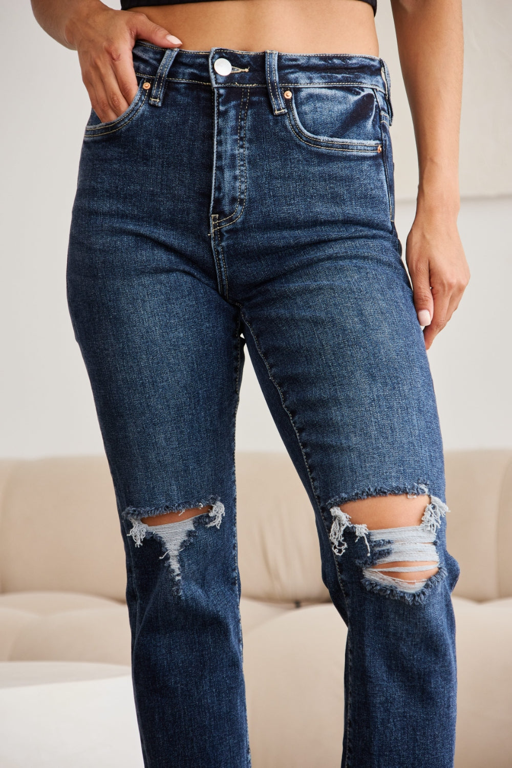 Dylan Tummy Control Distressed High-Waist Cropped Jeans | RFM