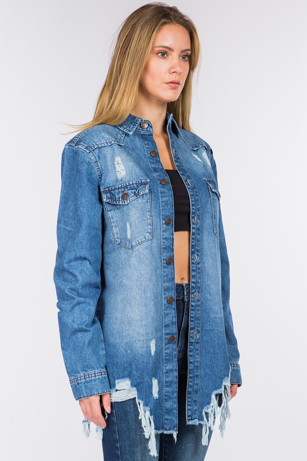 Lilah Distressed Frayed Denim Jacket | American Bazi