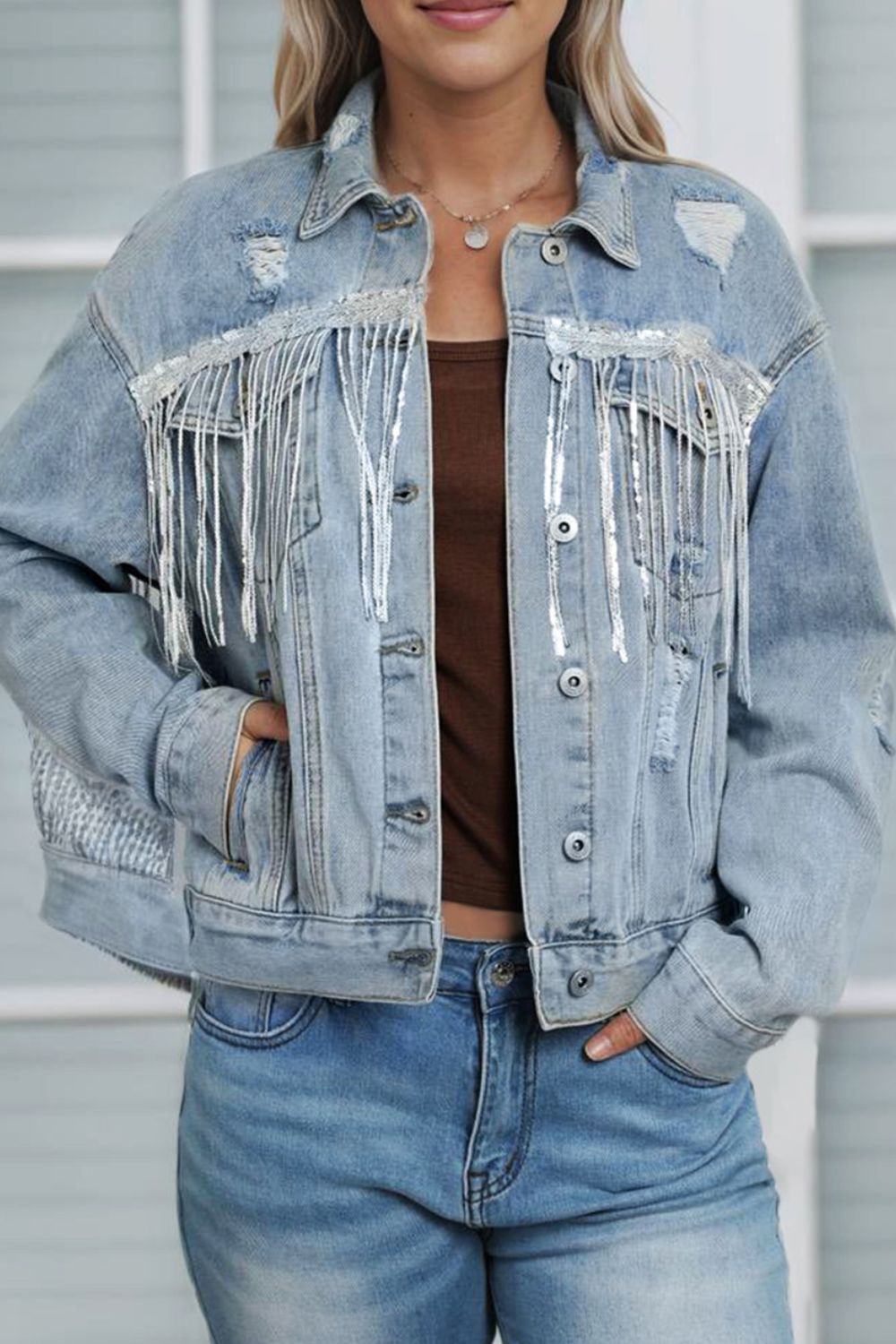 Paige Sequin Fringe Distressed Denim Jacket