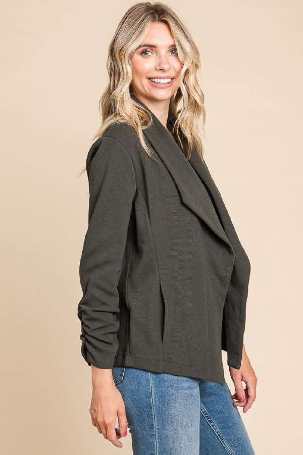 Finley Ruched Open Front Long Sleeve Jacket