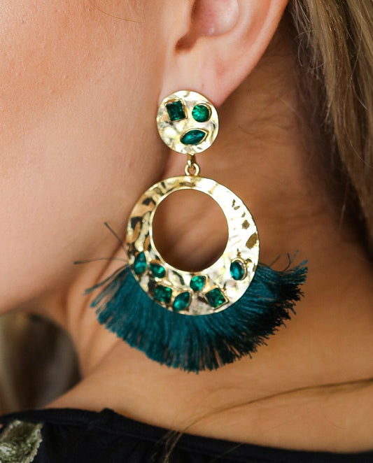 Emerald Rhinestone Tassel Earrings