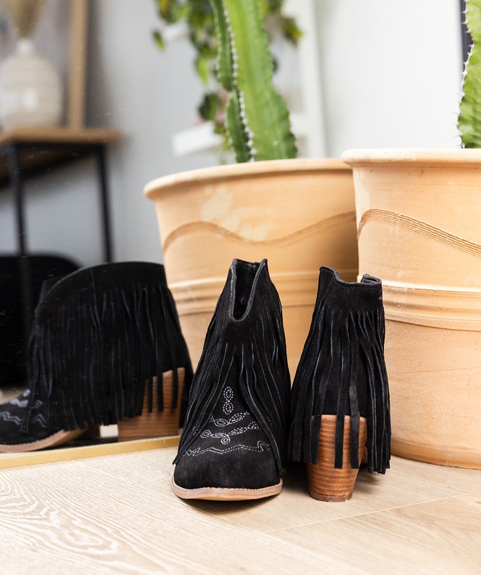 Amos Fringe Ankle Booties | Black Suede