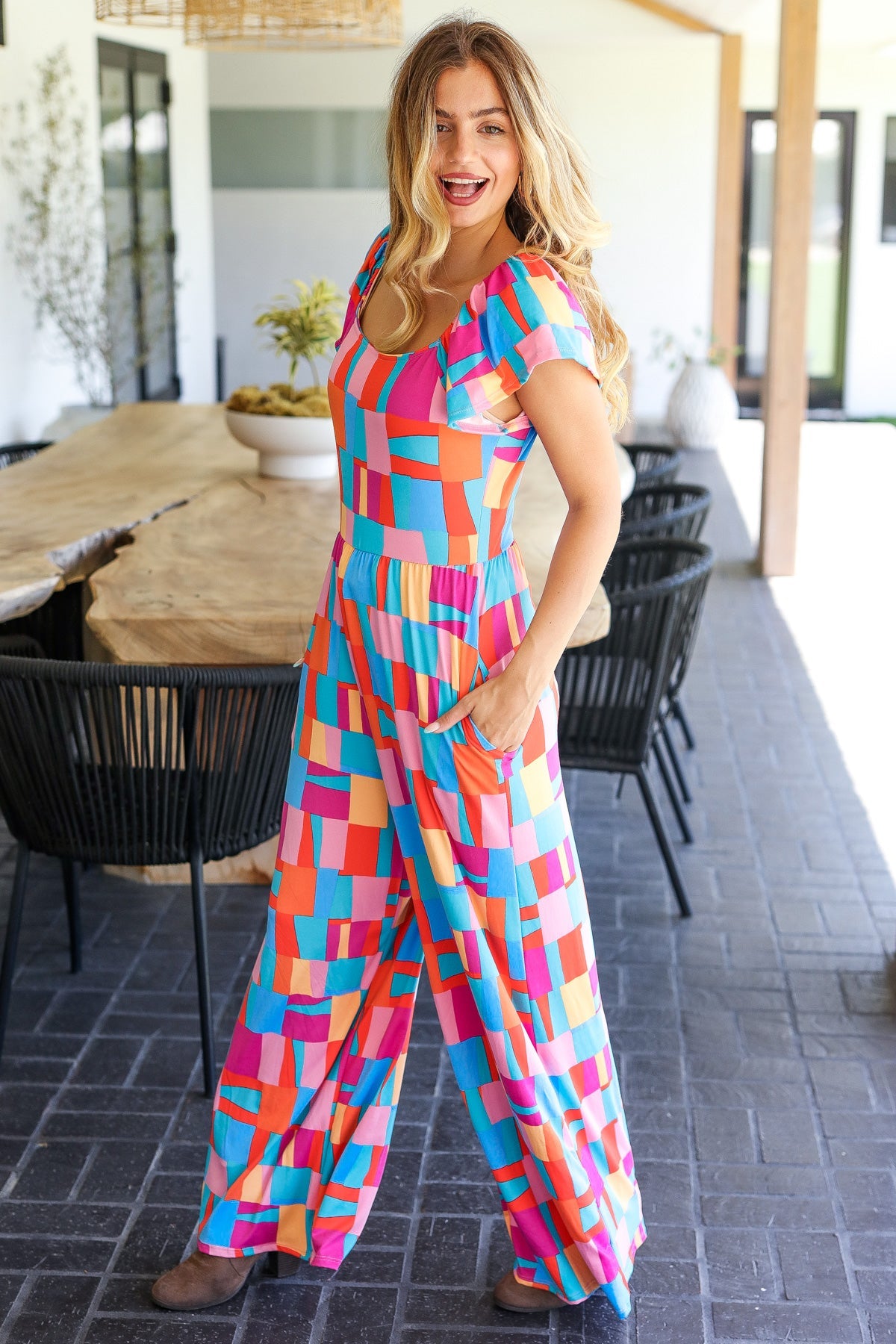 Scarlet & Aqua Geometric Wide Leg Jumpsuit