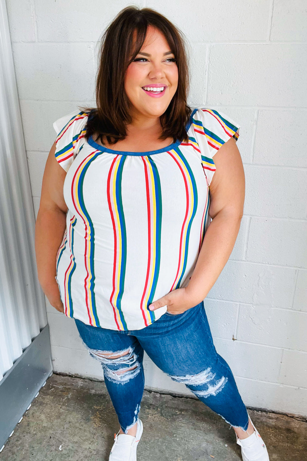 Striped Raglan Flutter Sleeve Top