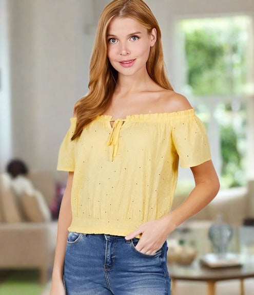 Naveah Off-Shoulder Smocked Eyelet Lace Top | Lemon