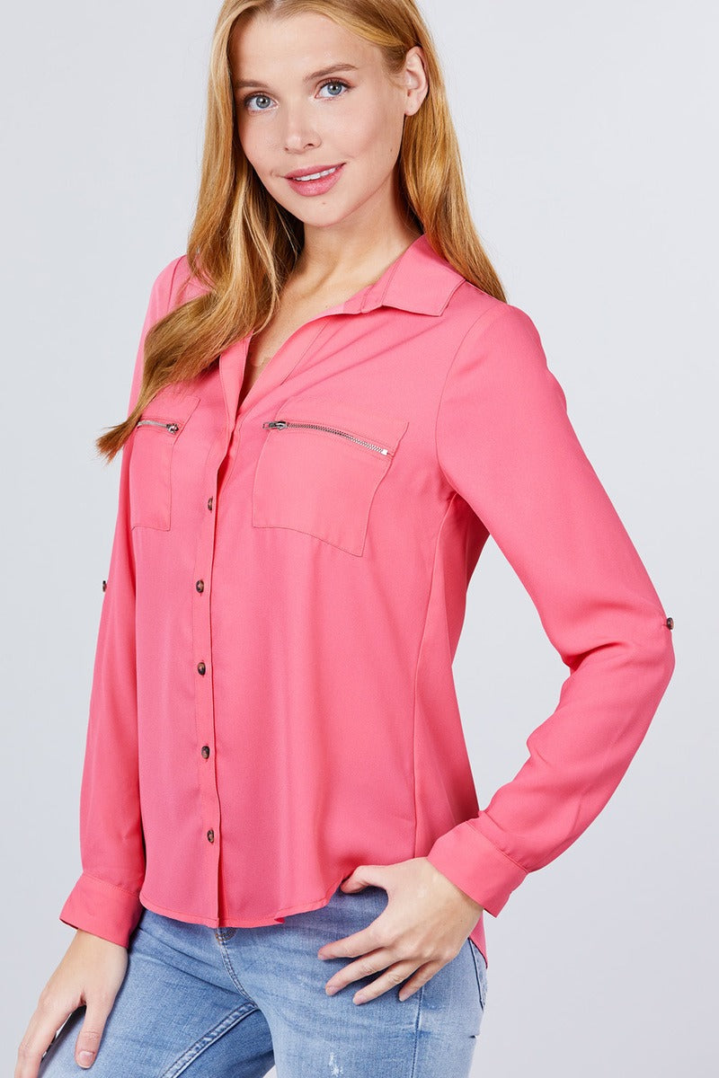 Lydia Pocket Woven Blouse | Coral Pink