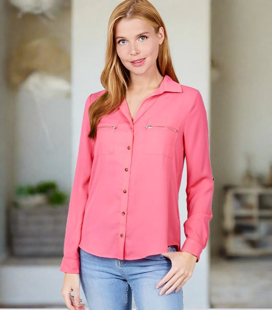 Lydia Pocket Woven Blouse | Coral Pink
