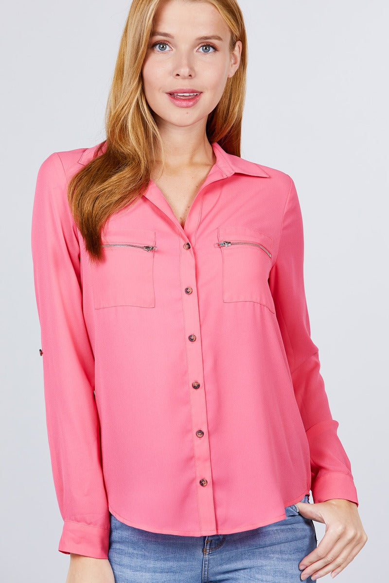 Lydia Pocket Woven Blouse | Coral Pink