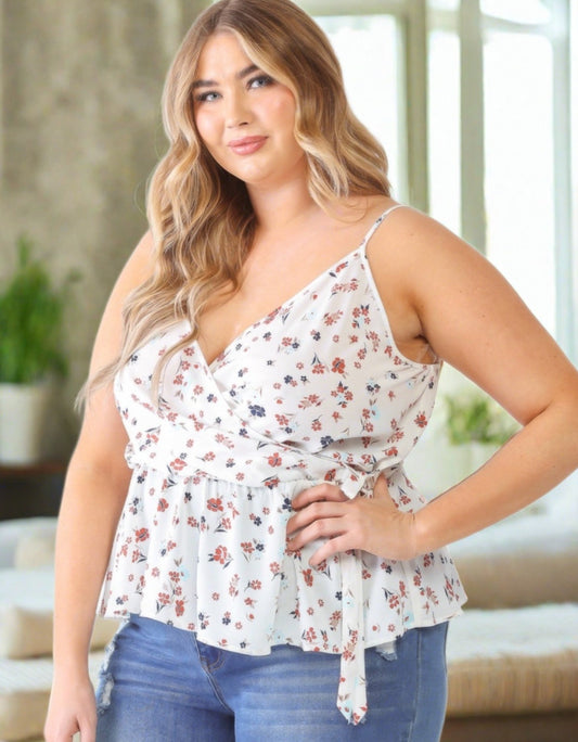 Floral Sleeveless Wrap Top | Curvy