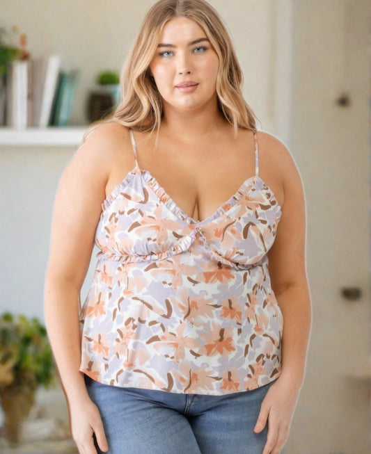 Floral Ruffle Sleeveless Tank Top | Curvy