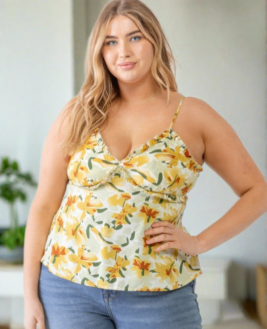 Floral Ruffle Sleeveless Tank Top | Curvy