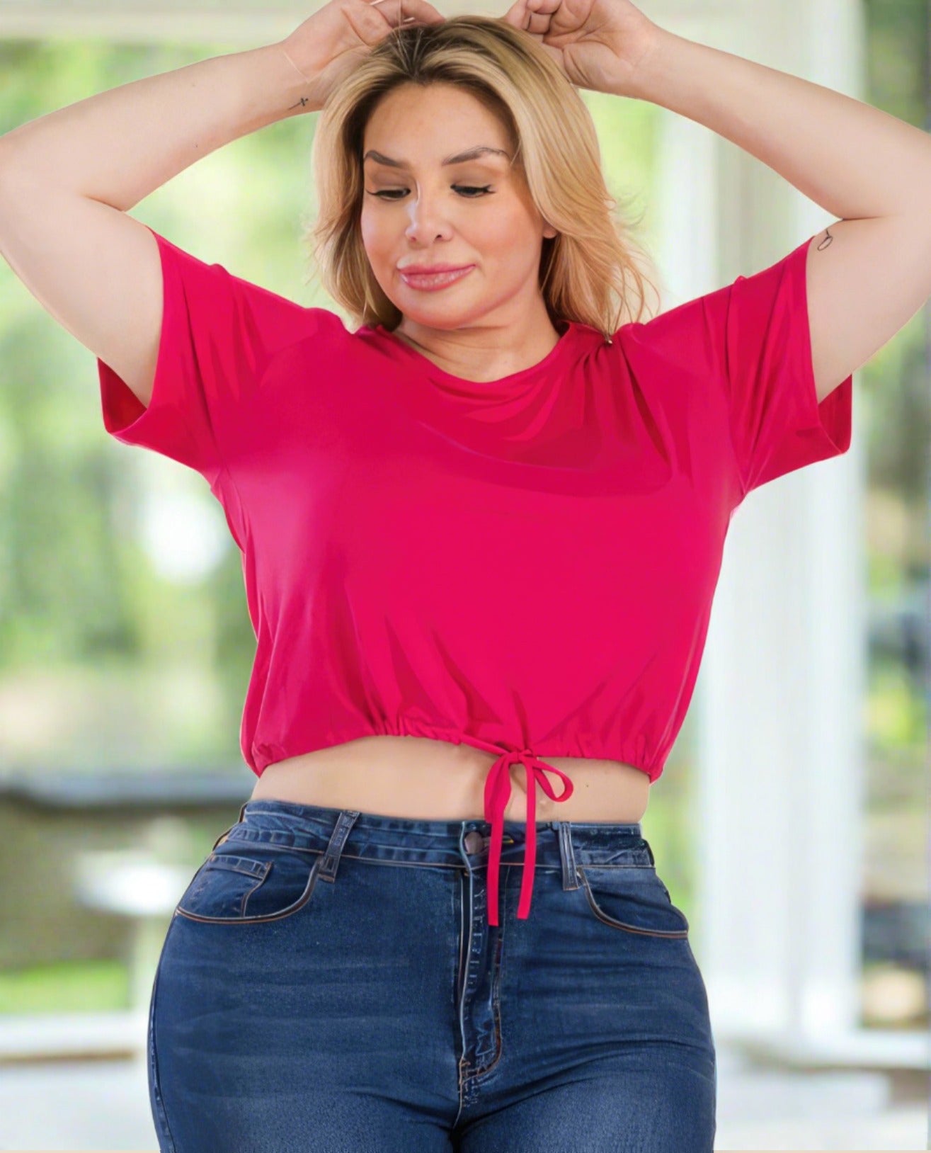 Charlie Tie Front Drawstring Crop Top | Curvy