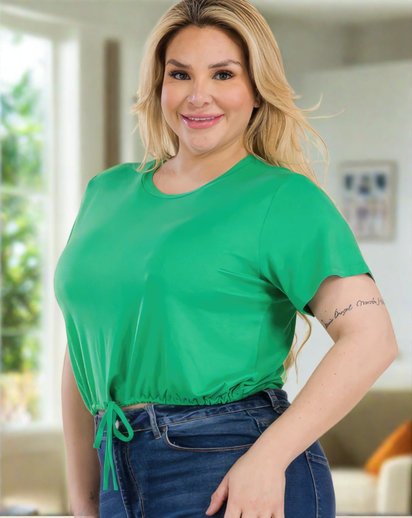 Charlie Tie Front Drawstring Crop Top | Curvy