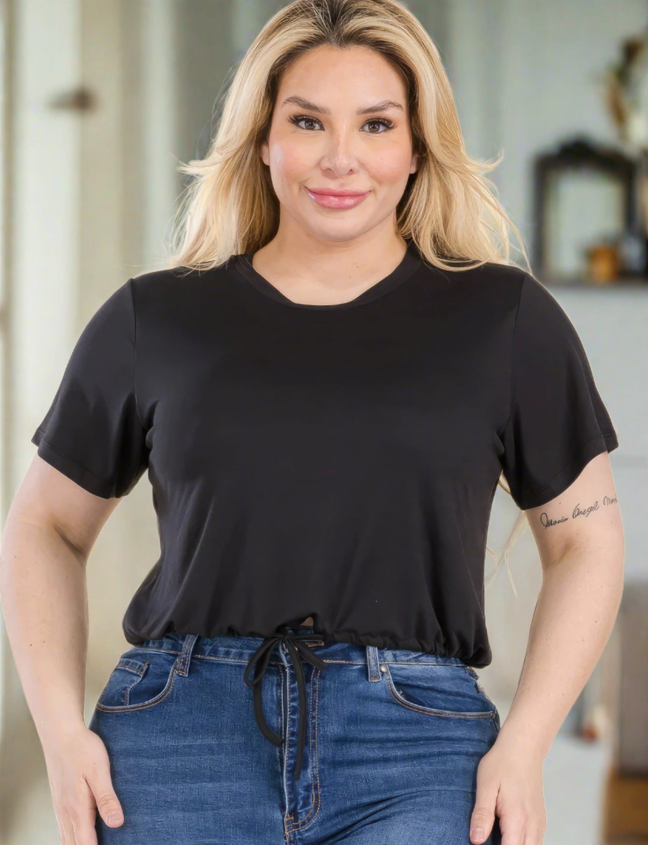 Charlie Tie Front Drawstring Crop Top | Curvy