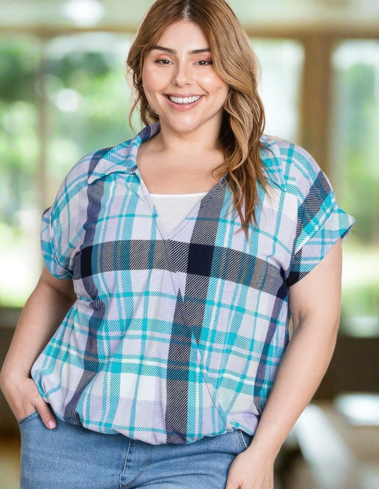 Emersyn Checkered Casual Collared Top | Curvy