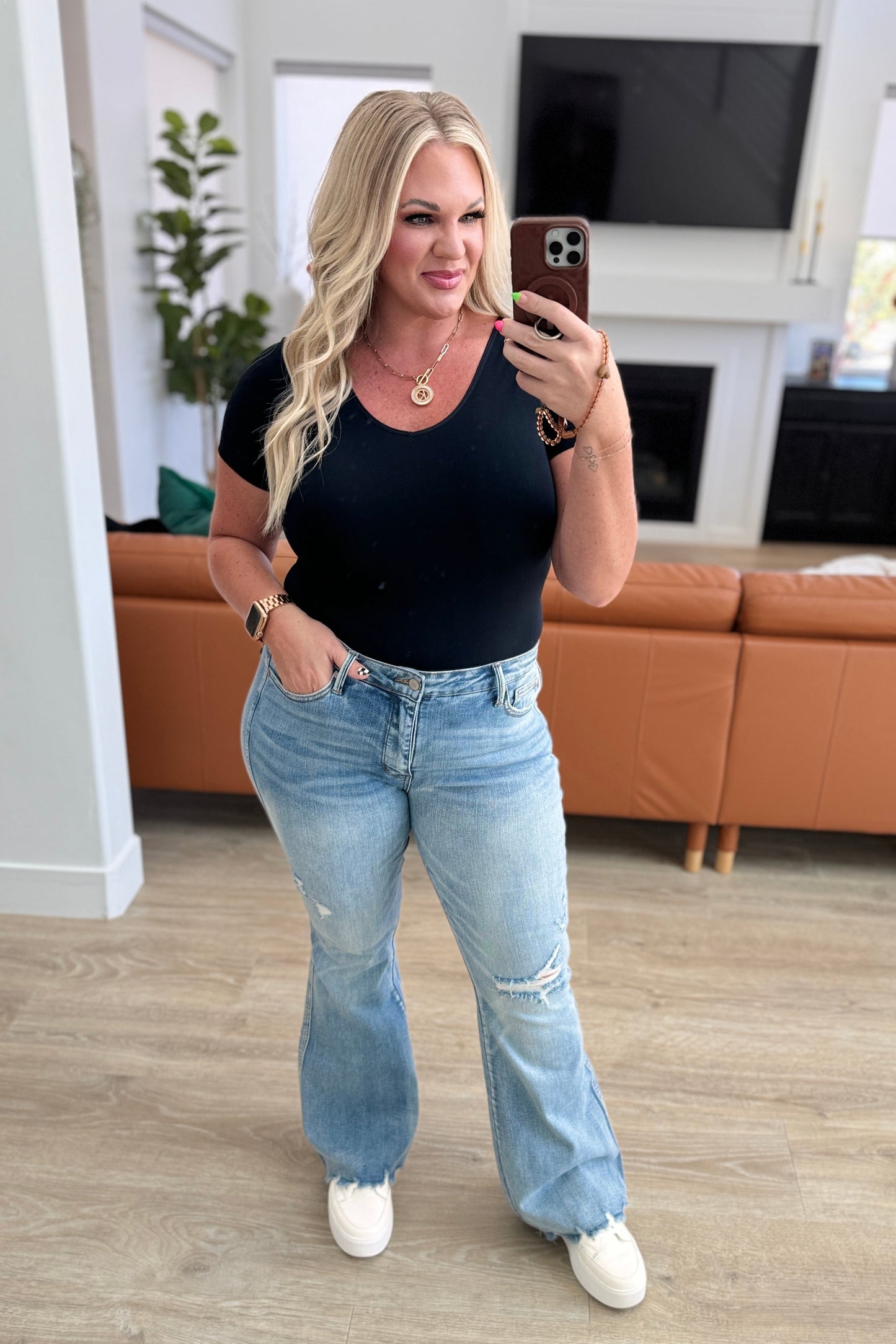 Caroline Mid-Rise Control Top Distressed Flare Jeans | Judy Blue