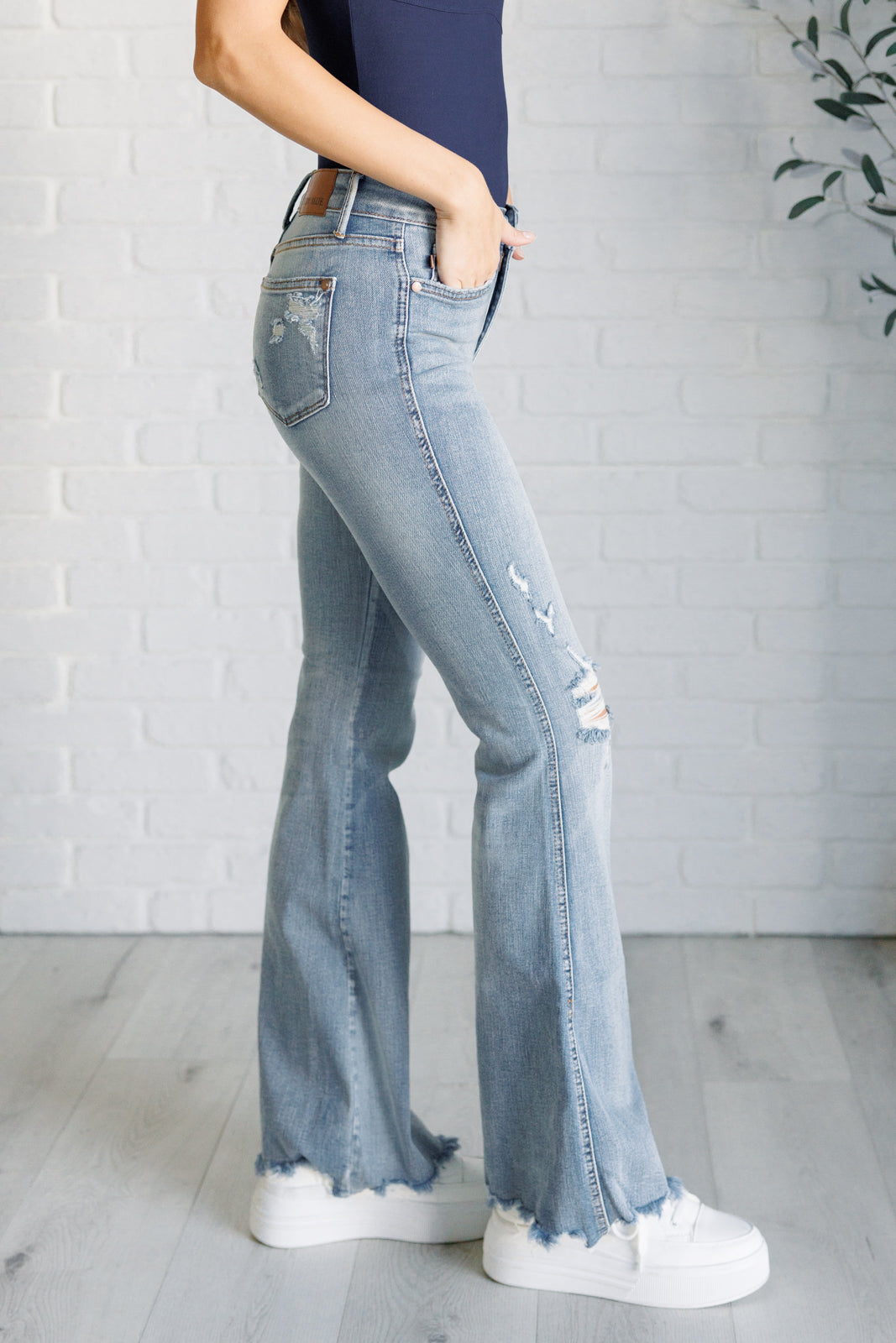 Caroline Mid-Rise Control Top Distressed Flare Jeans | Judy Blue