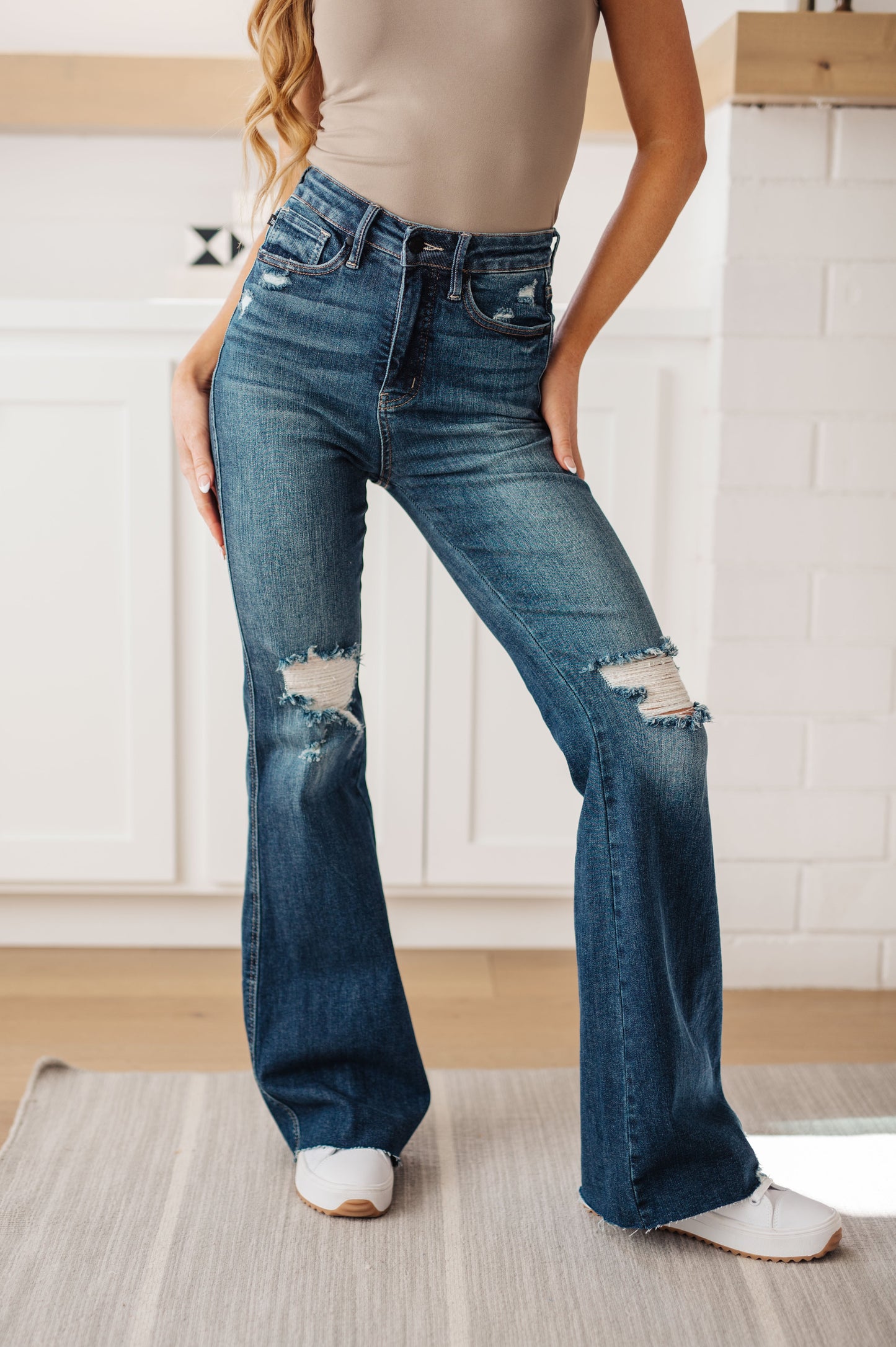 Cassandra High-Rise Control Top Distressed Flare Jeans | Judy Blue